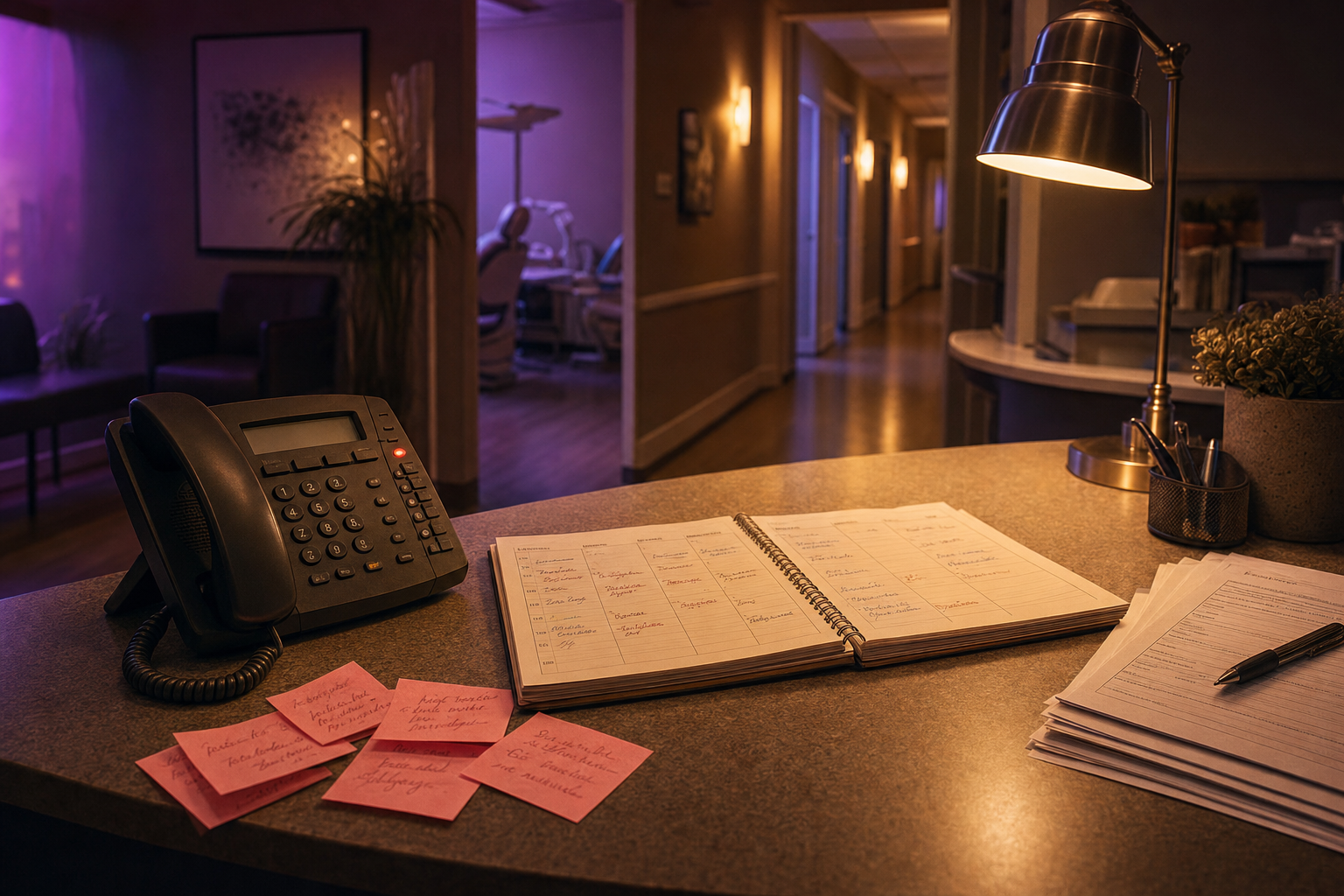 A dental reception desk with a ringing phone, an appointment book open to a busy week, and scattered callback sticky notes under warm amber light with no staff present