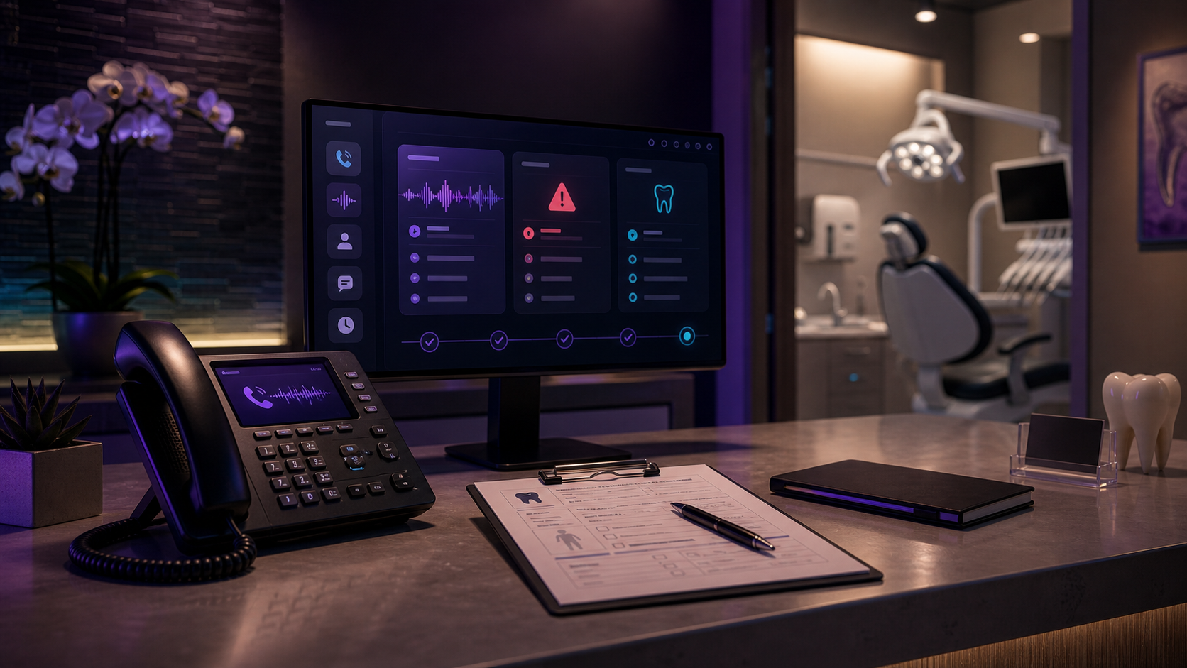 An after-hours dental clinic reception desk with a phone, emergency call triage dashboard, and intake clipboard