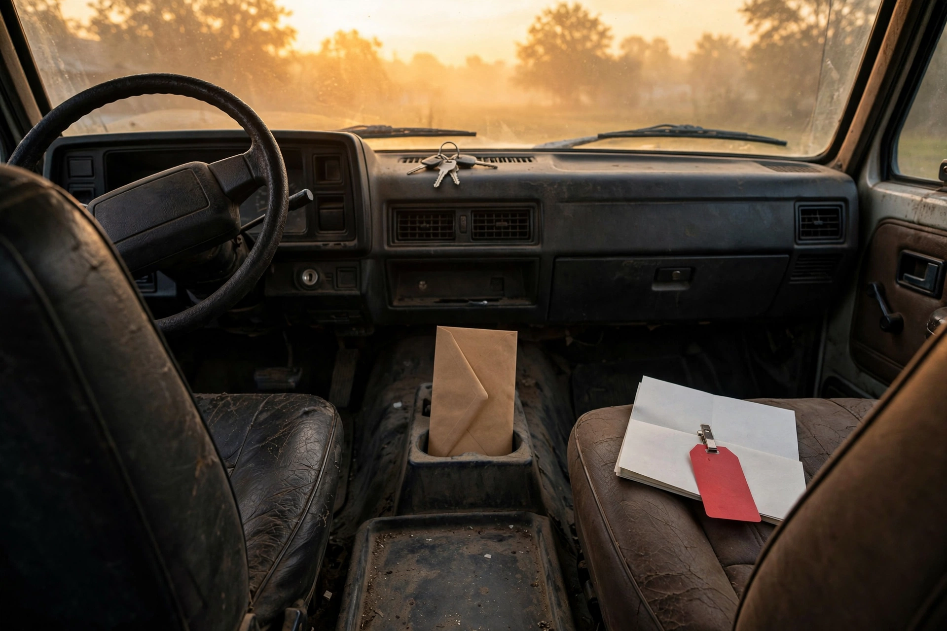 Dawn windshield amber in a contractor truck cab, keys on the dash, a red hold tag on a folded work order, and a sealed kraft envelope in the cup holder, for deposit before dispatch.