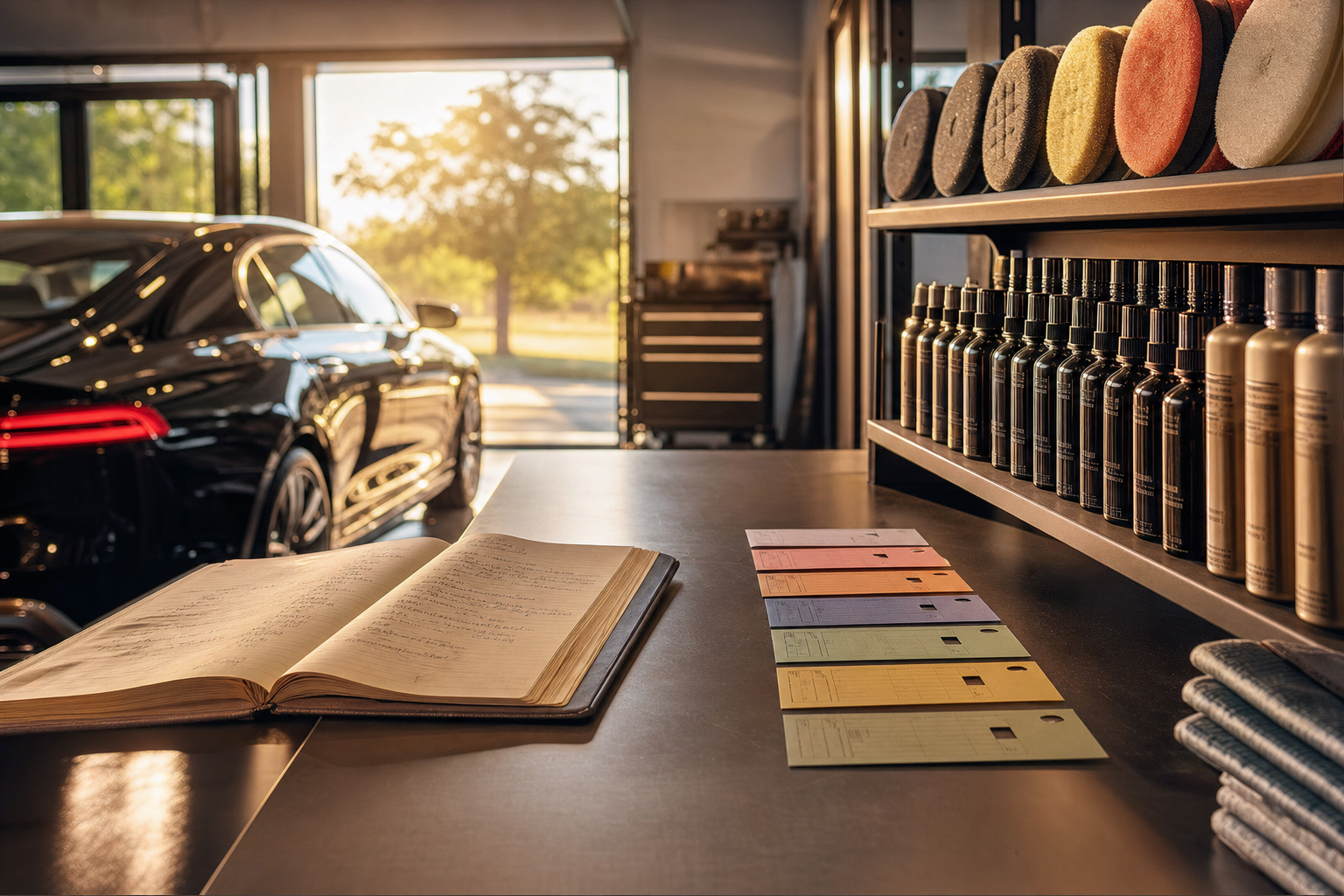 An organized auto detailing bay with a handwritten client ledger book, color-coded job cards, and buffing pads arranged neatly in warm afternoon light.
