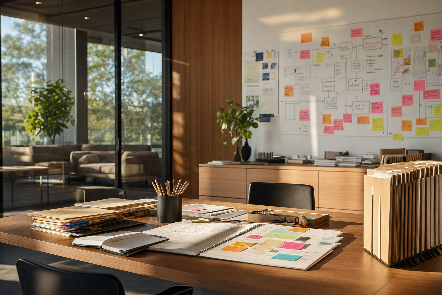 A Discord AI agent workflow represented by an agency operations desk with paper project planners, sticky notes, and a whiteboard routing map.