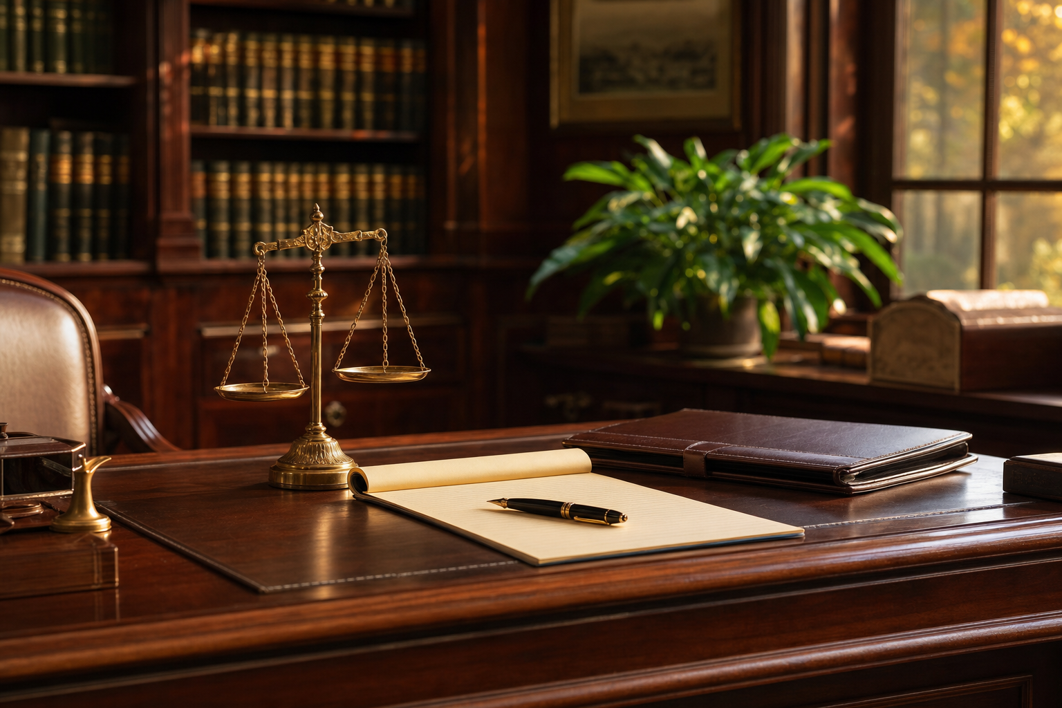 A quiet, orderly law office desk with a fountain pen resting on an open legal pad, a small set of scales, and a leather portfolio in warm library light.