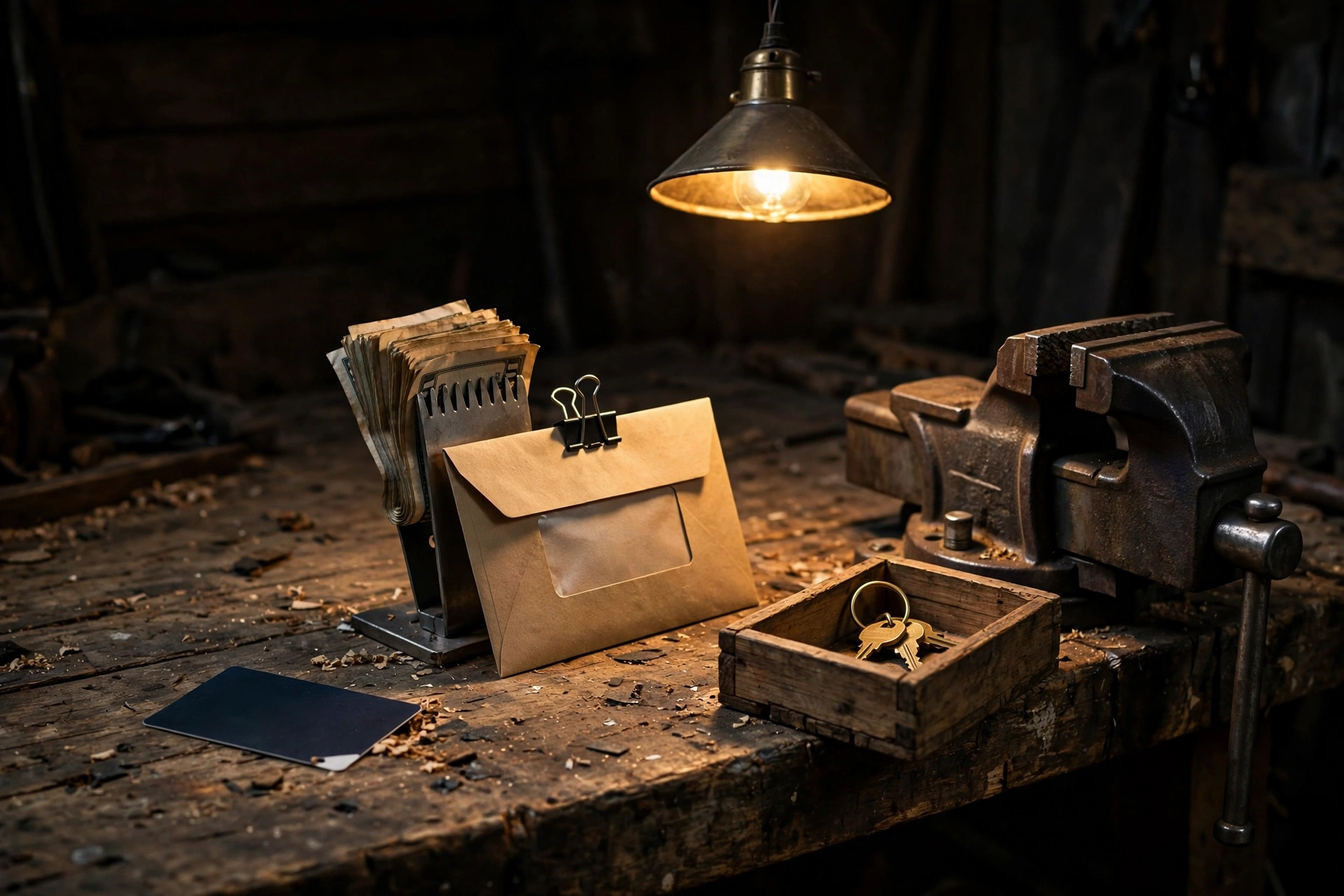 Night workshop bench under a single warm pendant: domain expired website down, shown as a snipped-corner payment card, a sealed blank envelope on a paid-bills spike, and a brass key ring in an empty wooden inbox.
