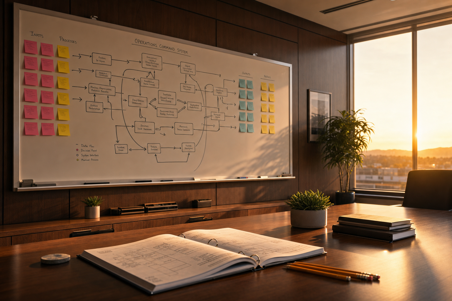 A clean operations desk with a whiteboard showing a hand-drawn system flowchart, sticky notes, and an open project planner in warm morning light.