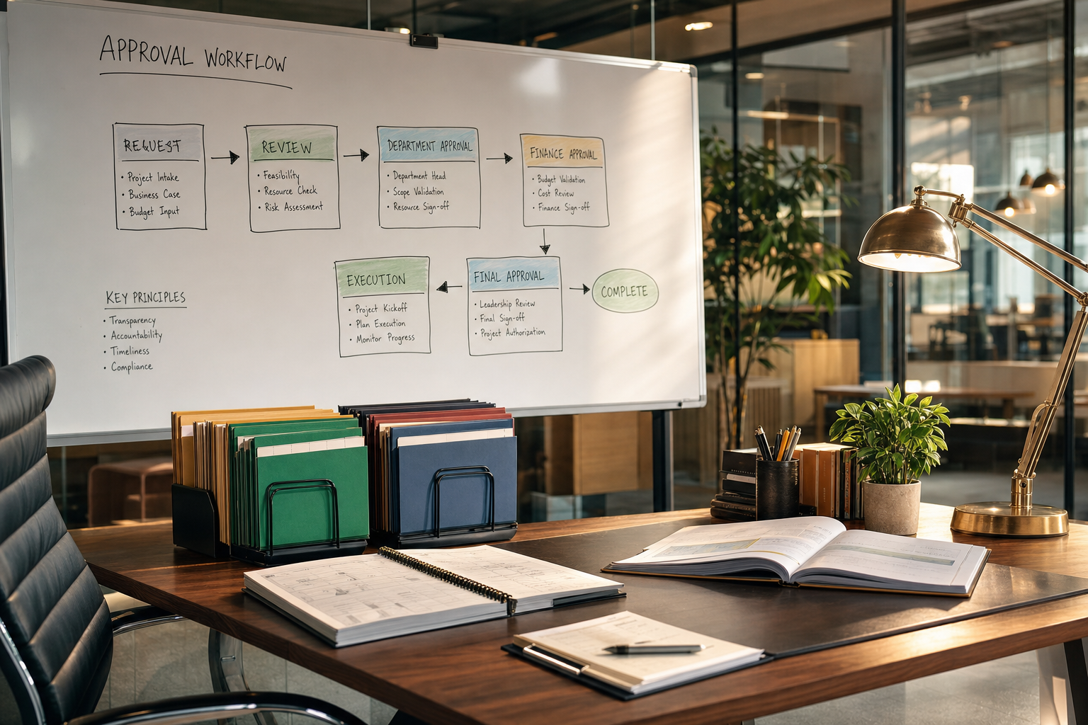 An enterprise Slack AI agent workflow represented by a warm operations desk with a whiteboard approval map, sorted folders, and tidy project planners.