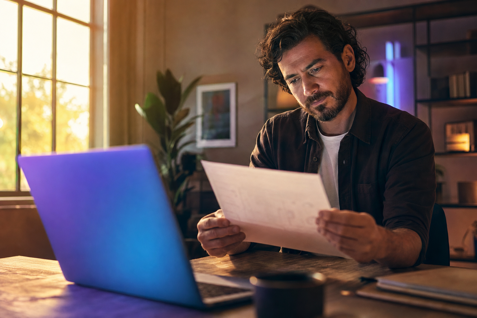 Solo business owner at a desk reviewing a vendor proposal on a laptop at dusk, warm amber light from a desk lamp, violet and cyan ambient glow from a second screen in the background
