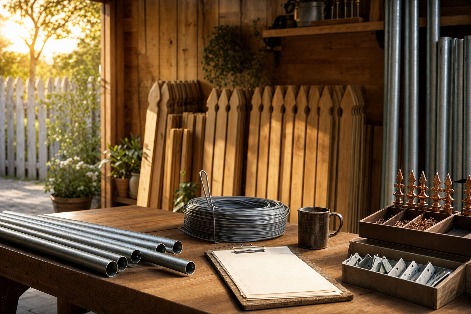 Fencing contractor answering service intake on a quiet workshop bench with cedar pickets, a paper estimate clipboard, and coiled post-hole line.