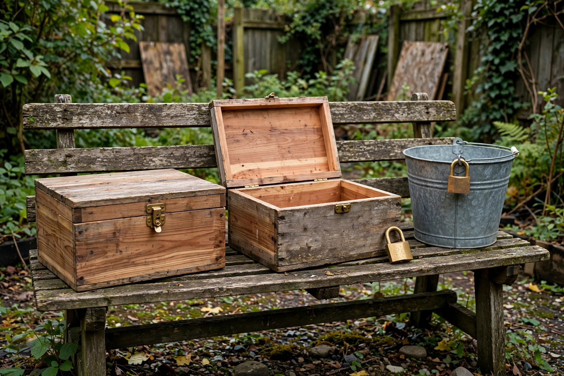 Open shade on a weathered garden bench, with a latched cedar box, an unlatched twin, and a padlocked galvanized bucket, for Firebase security rules review cost.
