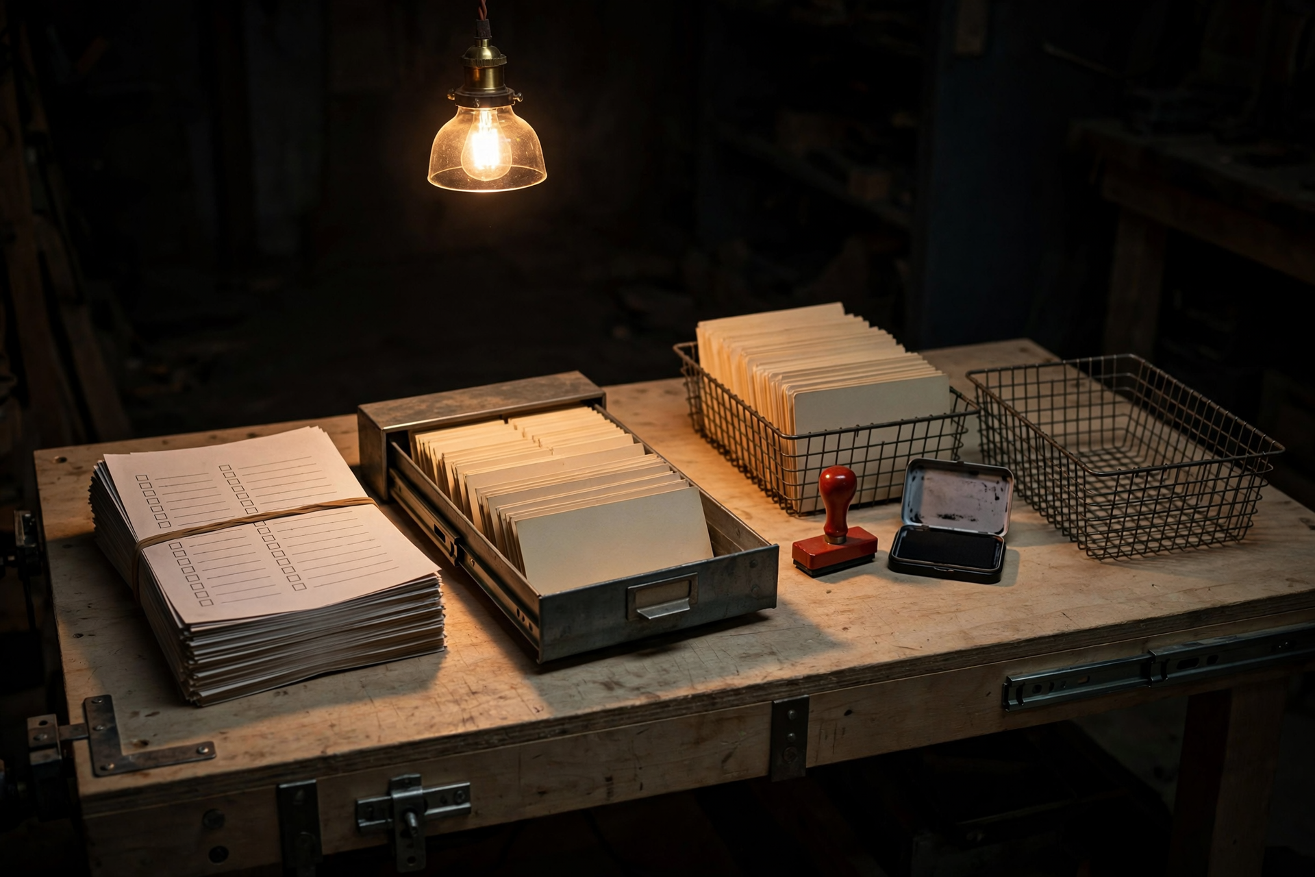 Single warm pendant over a night workshop bench, with a rubber-banded stack of paper questionnaires, an open steel card drawer, and a red stamp between two wire baskets, for form to CRM automation.