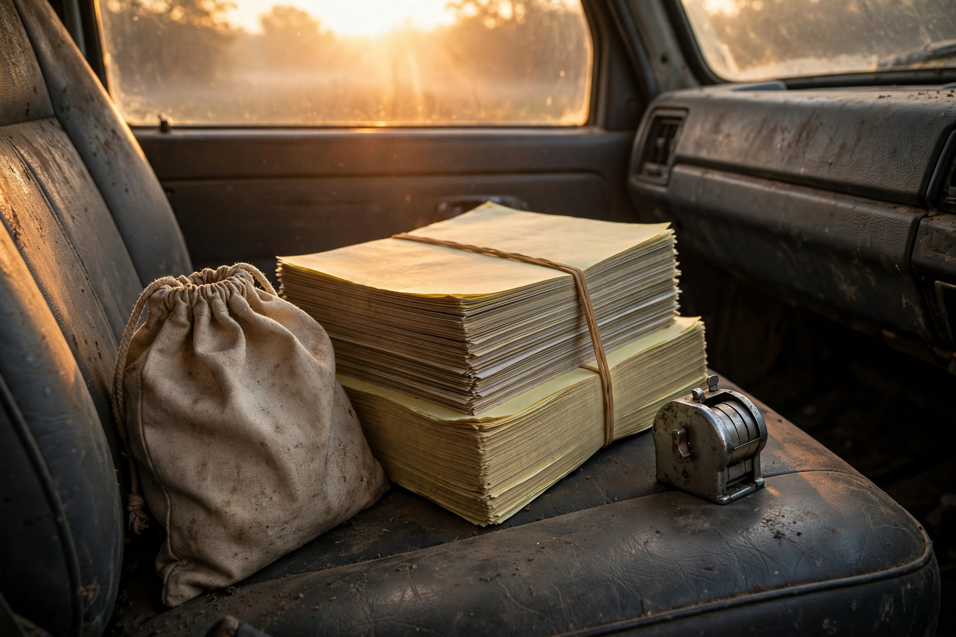 Dawn amber light in a contractor truck cab, with five stacked carbon work-order pads, a canvas deposit bag, and a mechanical tally counter, for Friday report automation.