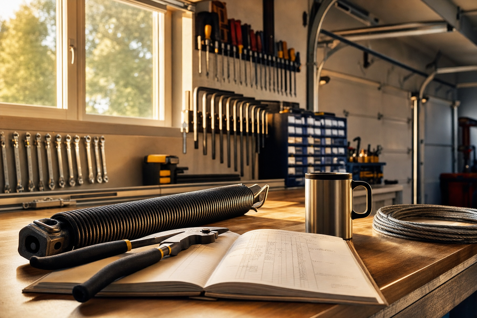 An organized garage door service workshop bench with torsion springs, heavy-duty pliers, and a paper work-order log in warm afternoon light, no people.