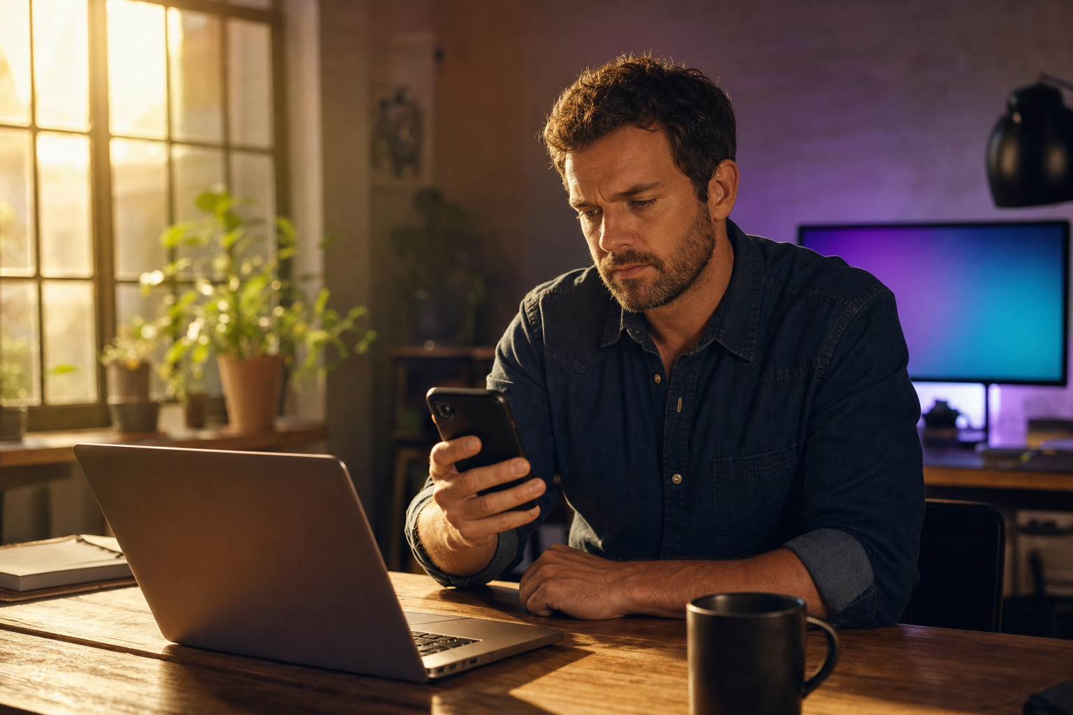 A solo business owner at a desk reviewing missed calls and messages on a phone and laptop, warm amber morning light, violet ambient glow from a second monitor in the background