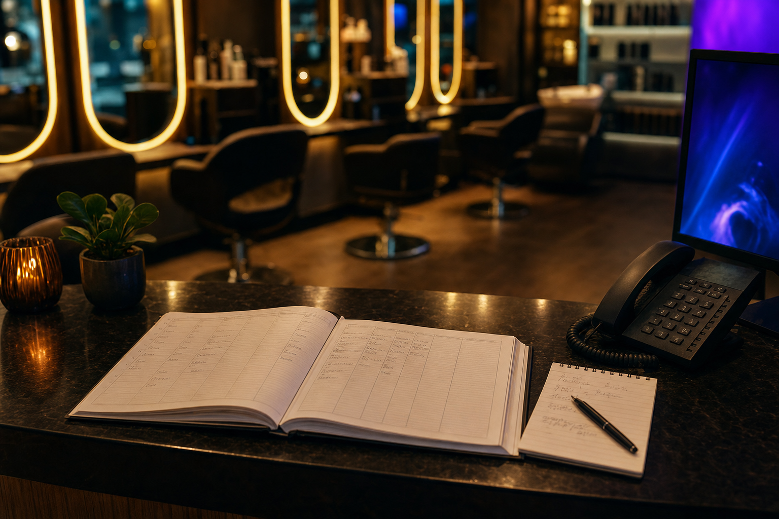 A salon reception desk at quiet hours with an open appointment book, scattered client cards, a ringing desk phone, and warm amber light from a styling station in the background