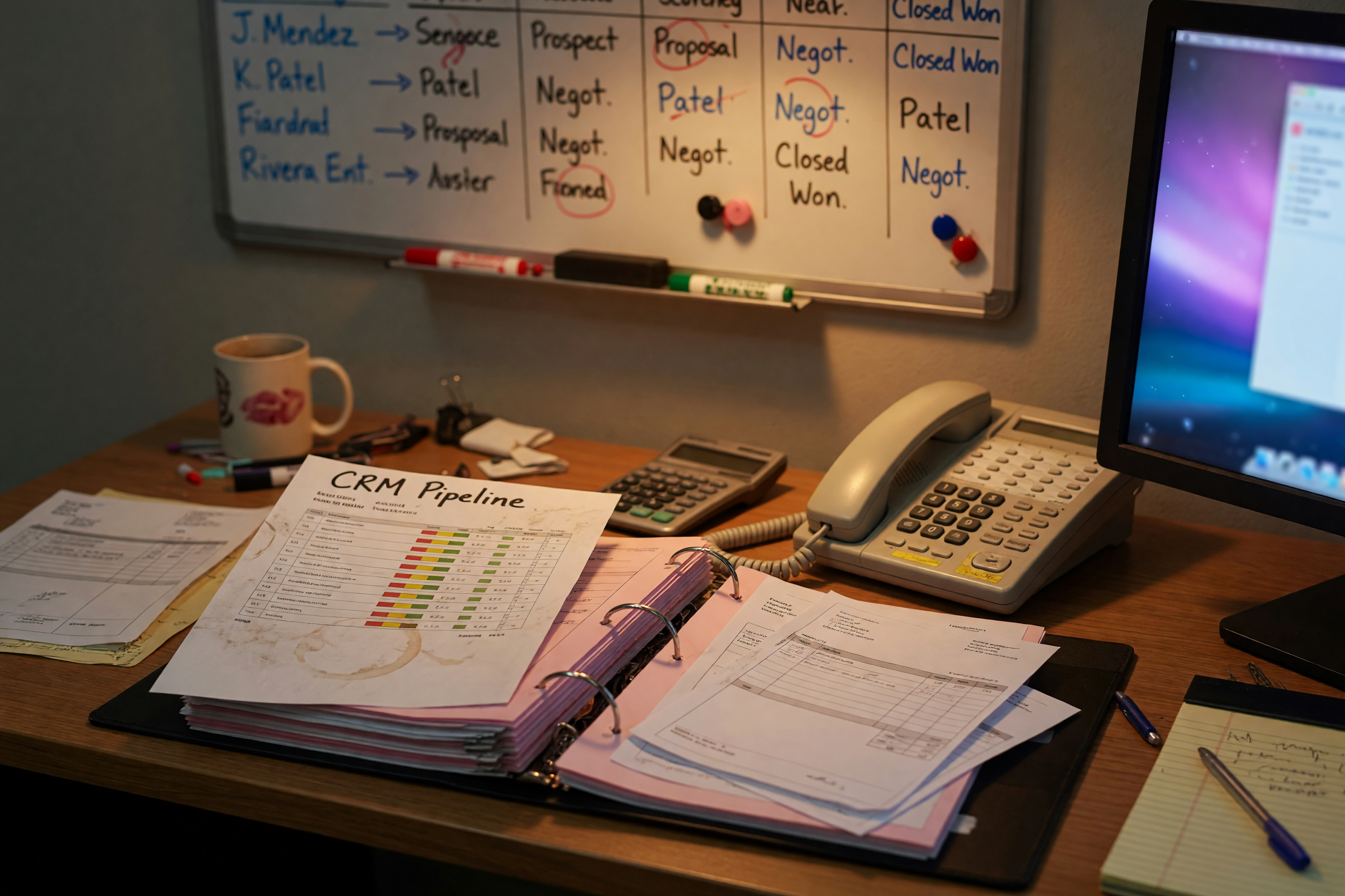 Small business owner's desk with a printed CRM pipeline report, a desk phone, invoice binder, and an appointment calendar with colored blocks, warm amber office light, soft violet ambient glow from a blurred monitor in the background.