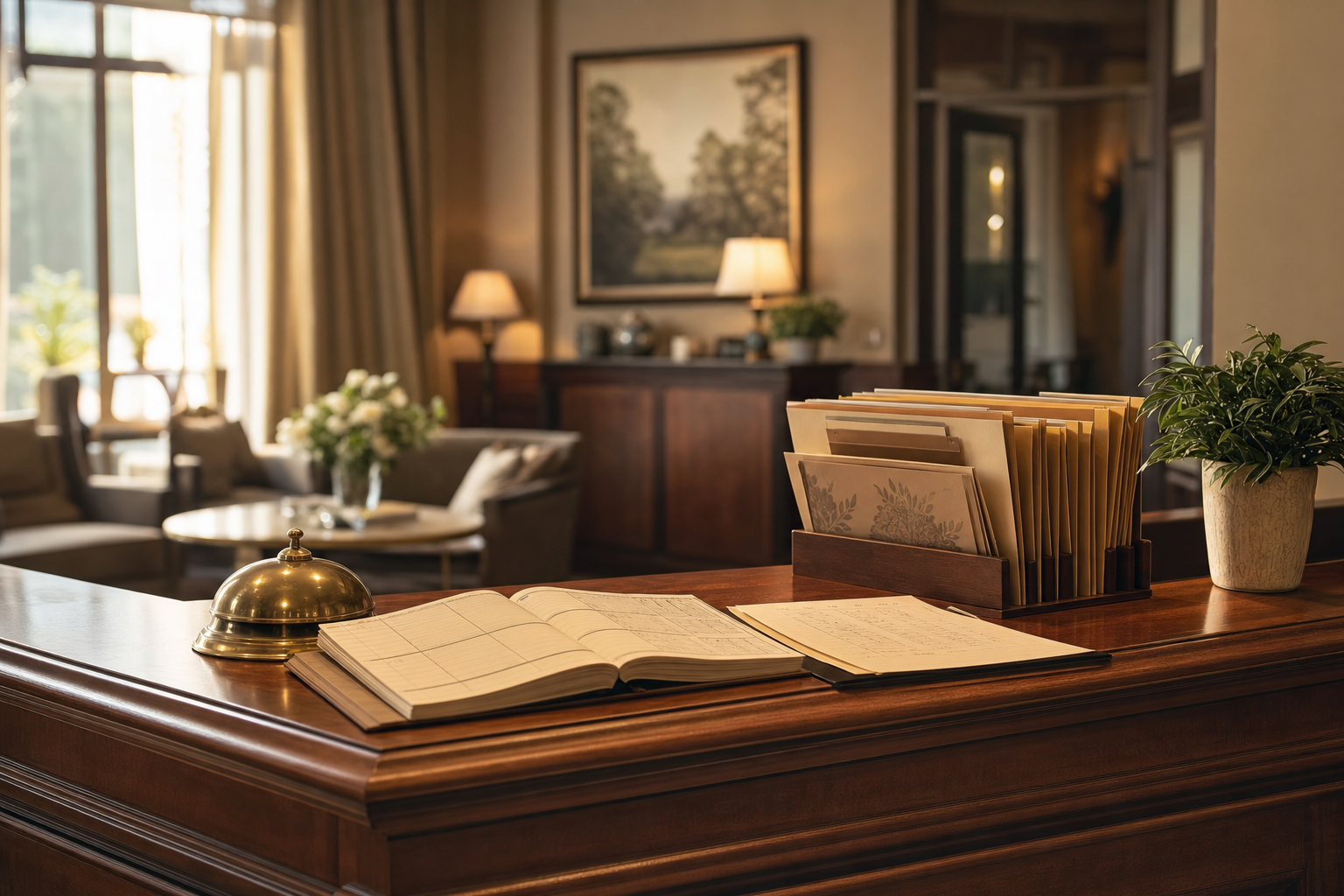 A calm service business front desk with a paper call log, brass bell, appointment book, and neatly sorted customer folders in warm morning light.