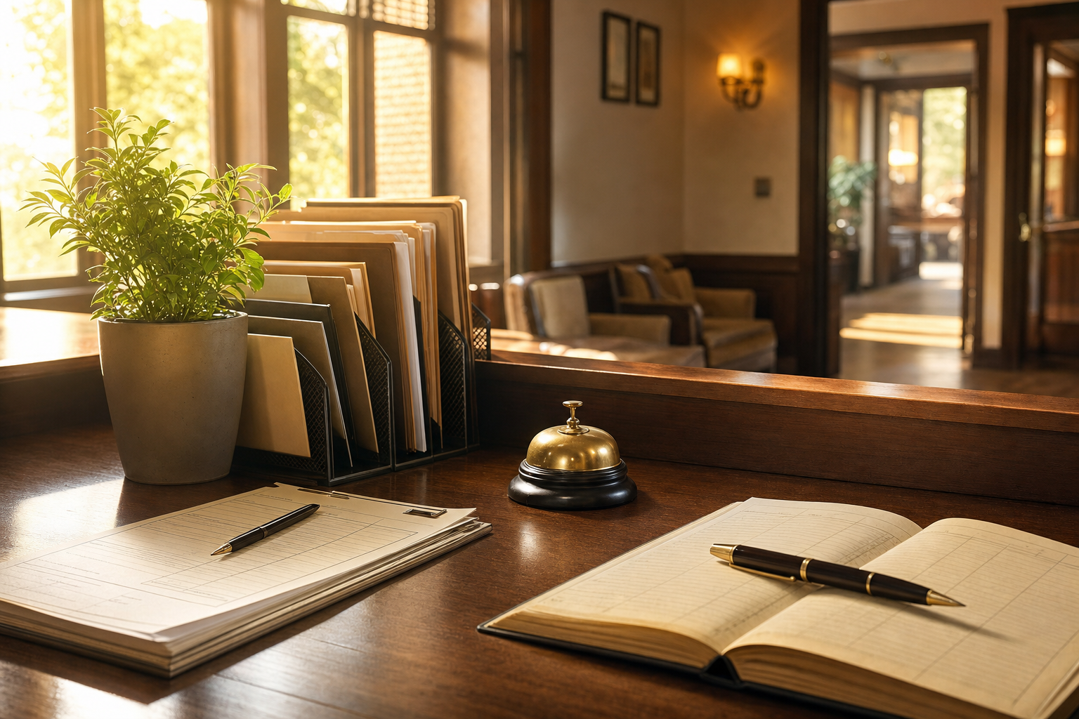 Goodcall vs Smith AI compared on a quiet service-business desk with paper call logs, appointment books, and sorted lead folders.