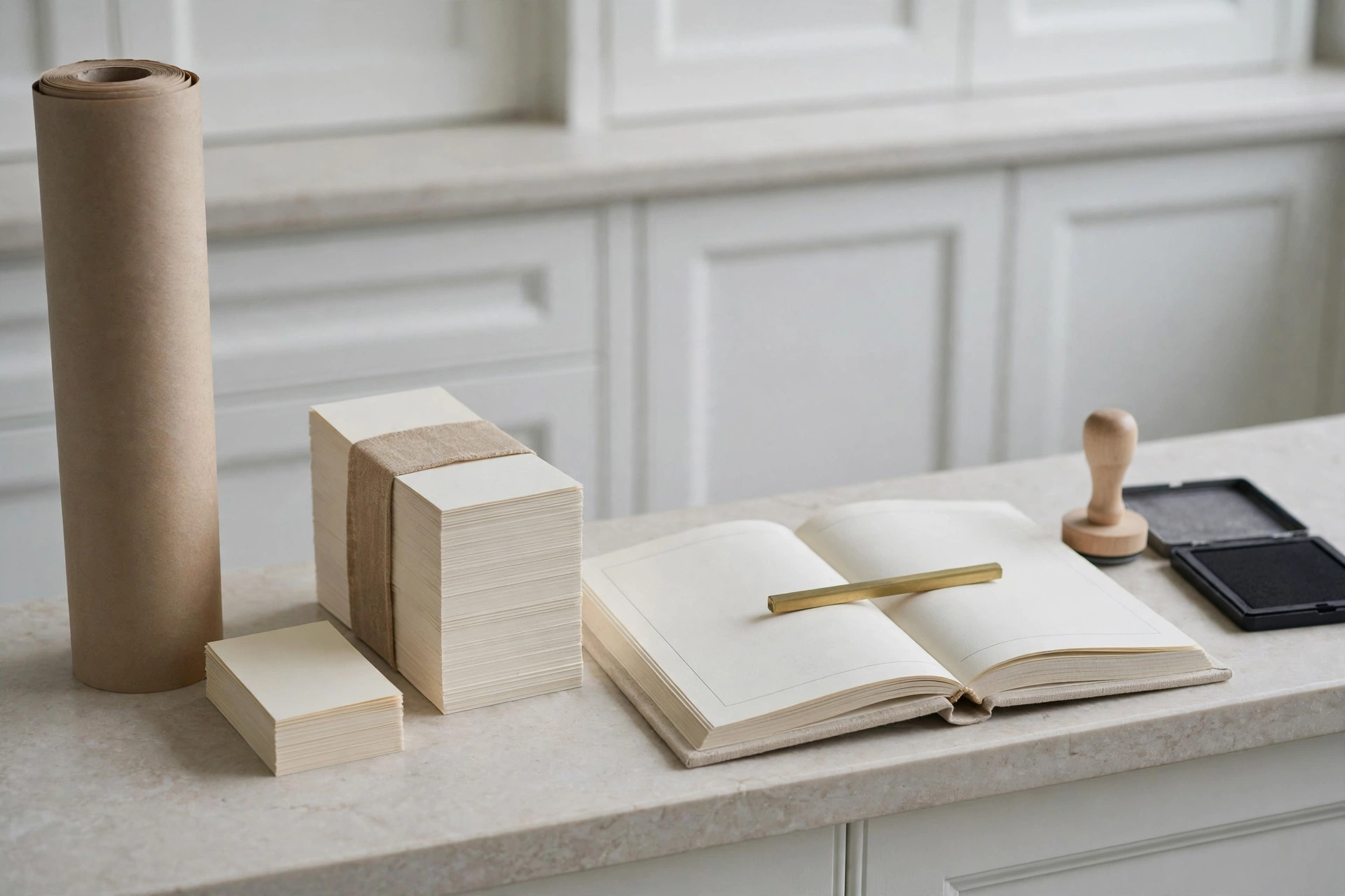 Cool overcast light on a clinic reception counter: Google Ads spend into QuickBooks, shown as a thick roll of blank newsprint, a short stack of card slips beside a taller banded stack of blank sheets, and an open linen account book with one empty line.