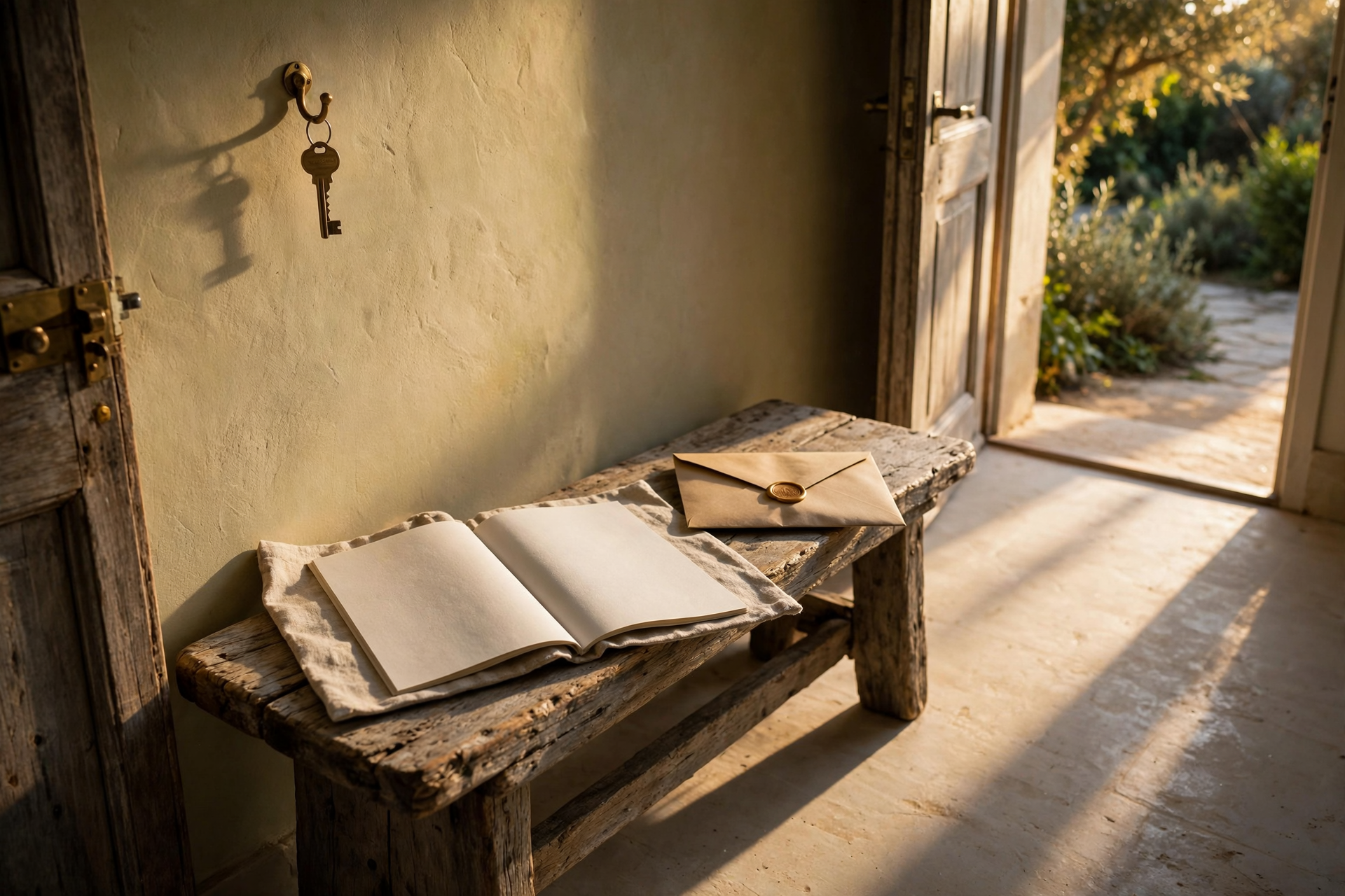 Late-day side light in a vacation-rental entry, with a vacant brass cottage key, a linen guest folio, and a wax-sealed confirmation sleeve, before you can book Google Calendar from Grok.
