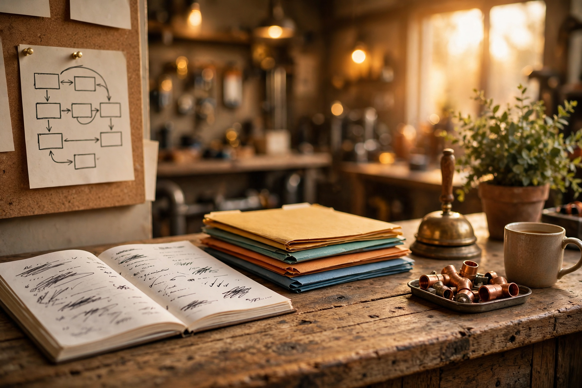 A calm contractor front desk with an open paper appointment book, a handwritten job log, and a marker-drawn call-flow board, standing in for what the GPT-Live API still does not replace.