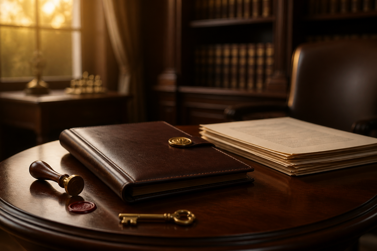 Closed leather portfolio, brass key, and wax seal on a law-office side table at golden hour