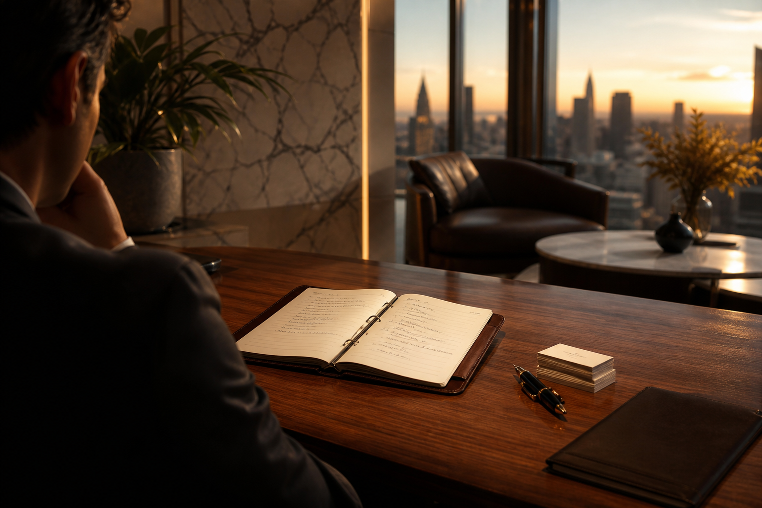Open leather notebook and fountain pen on a walnut sales desk at golden hour, professional in the background softly out of focus