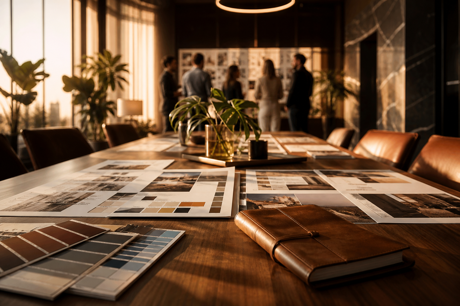 Long walnut agency table with printed campaign boards and color swatches in golden hour light