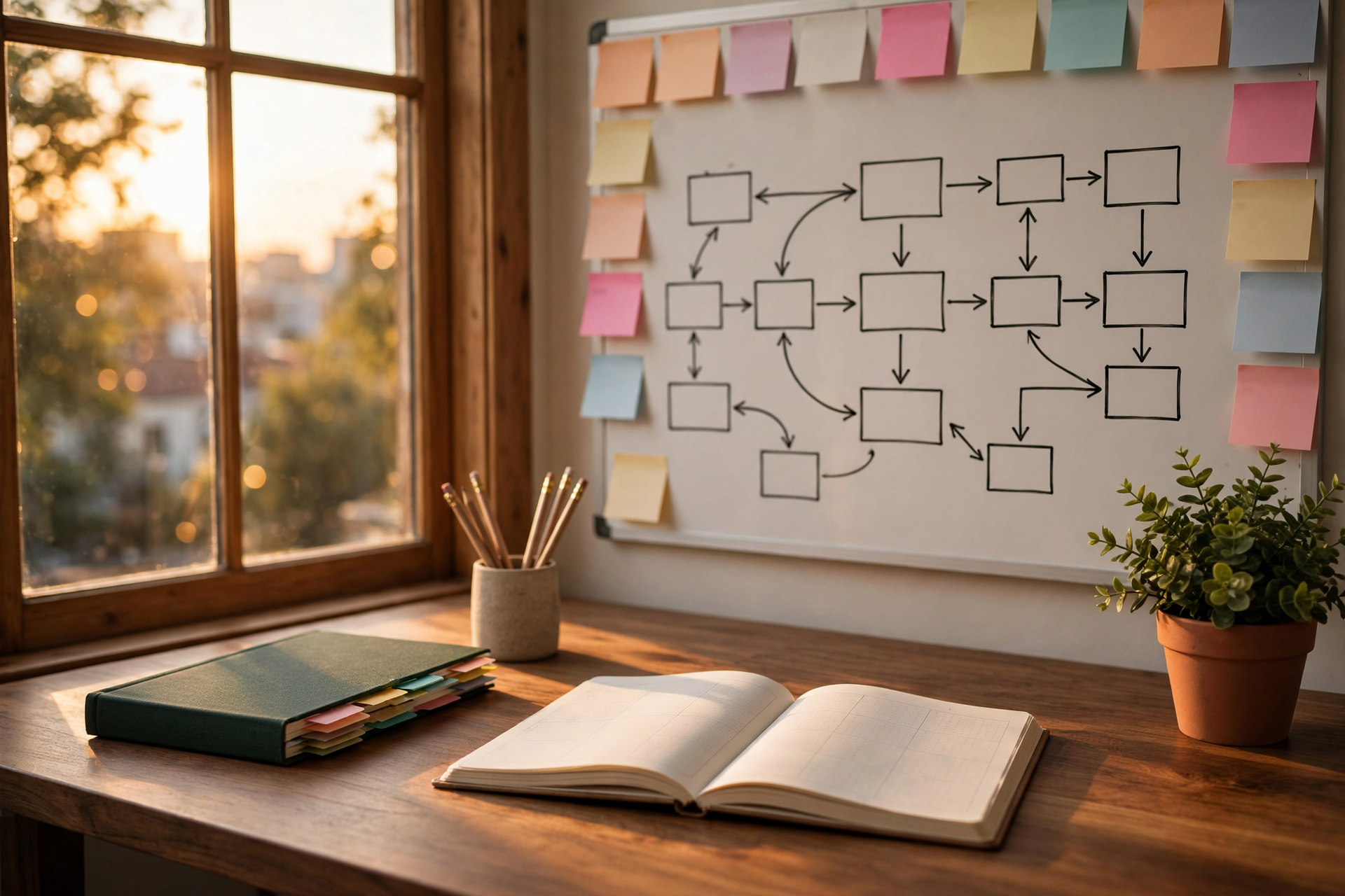 A quiet engineering operations desk with a marker-drawn Grok Bot for engineering fleet map, a paper pull-request ledger, and color-coded folders in warm light.