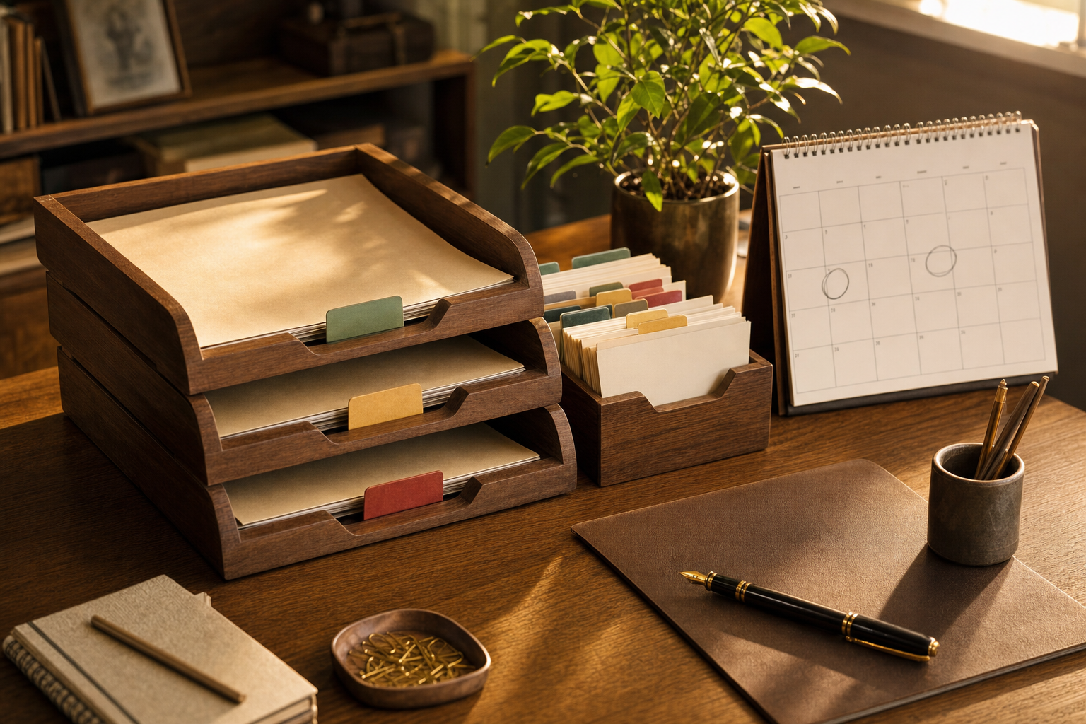 A Grok Bot inbox workflow represented by an orderly paper inbox, approval folders, and a seven-day desk calendar in warm natural light.
