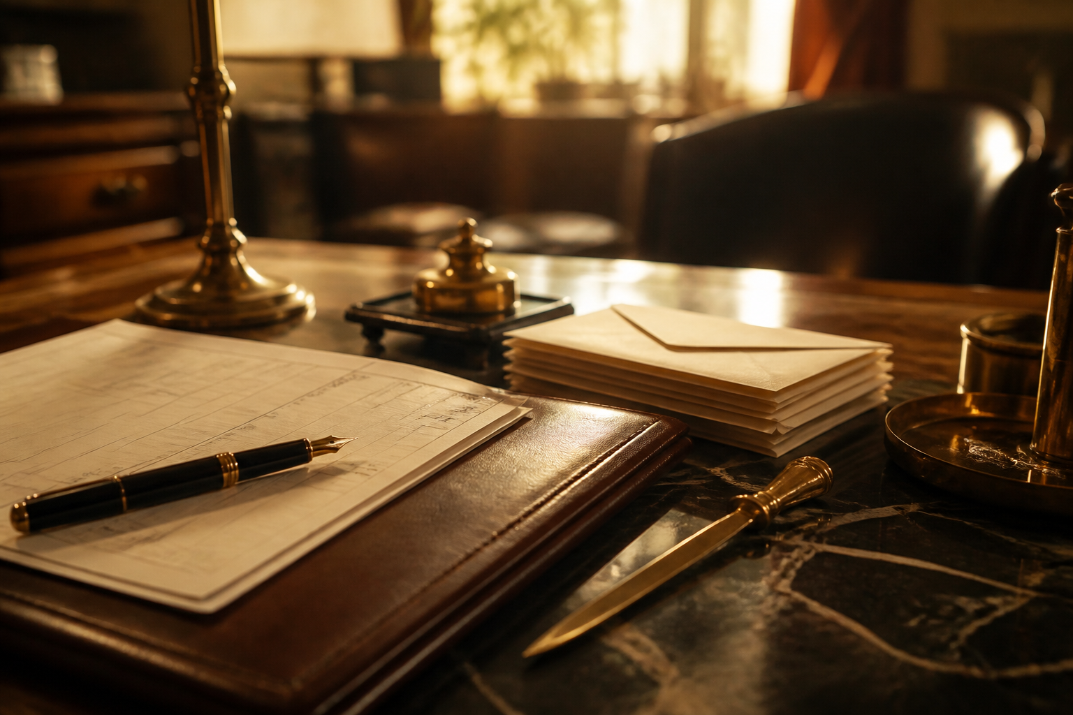 A leather invoice folio and fountain pen on a walnut desk in a boutique office at golden hour