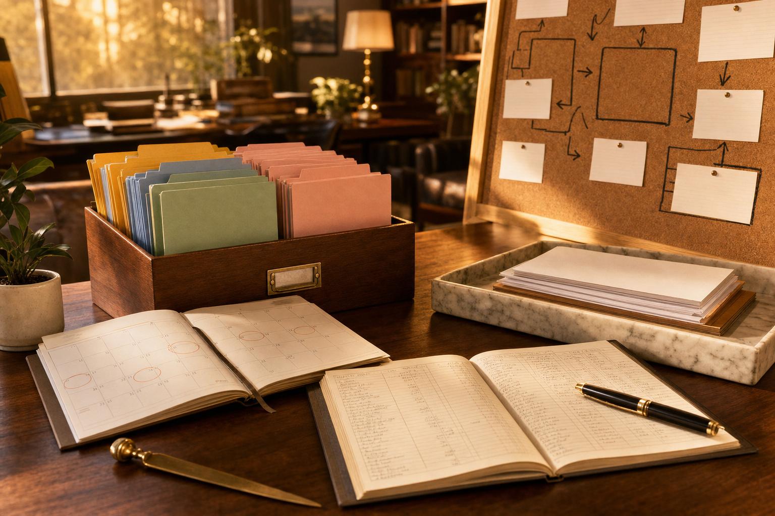 Grok Bot procurement shown as color-coded vendor folders, a paper renewal calendar, and a handwritten spend ledger on a walnut ops desk.