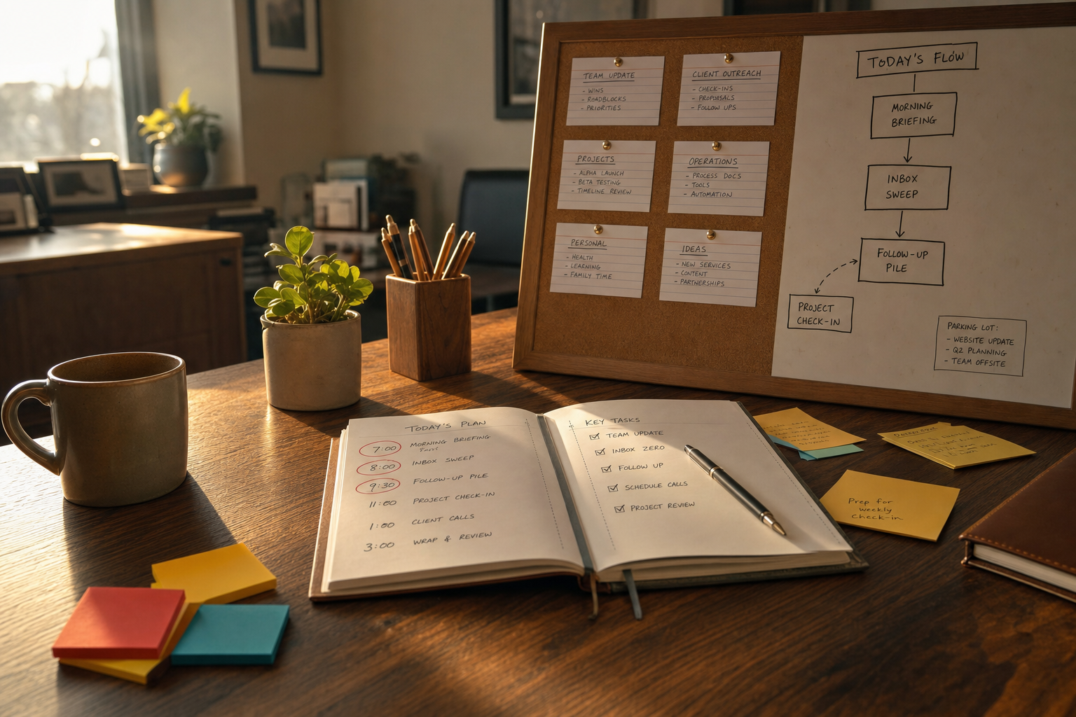 Walnut operations desk with a paper planner and a marker-drawn routine map showing Grok Bot routines as boxed morning jobs, warm cinematic light