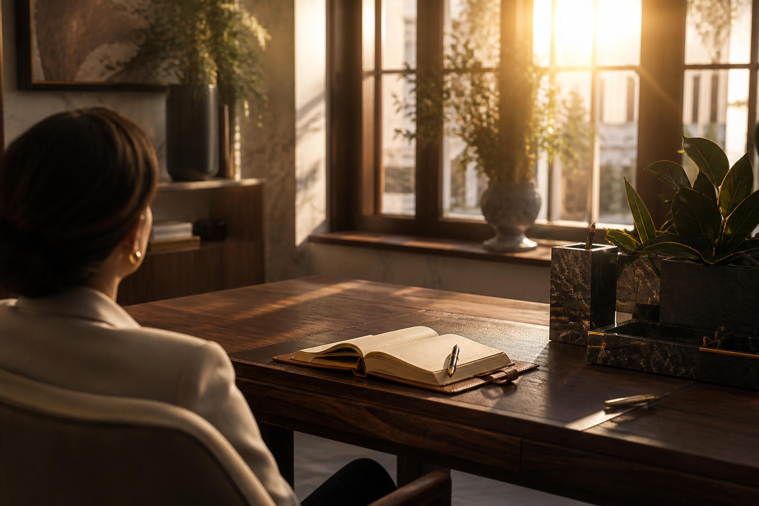 A calm owner at a walnut desk with an open leather notebook under golden window light, no screens