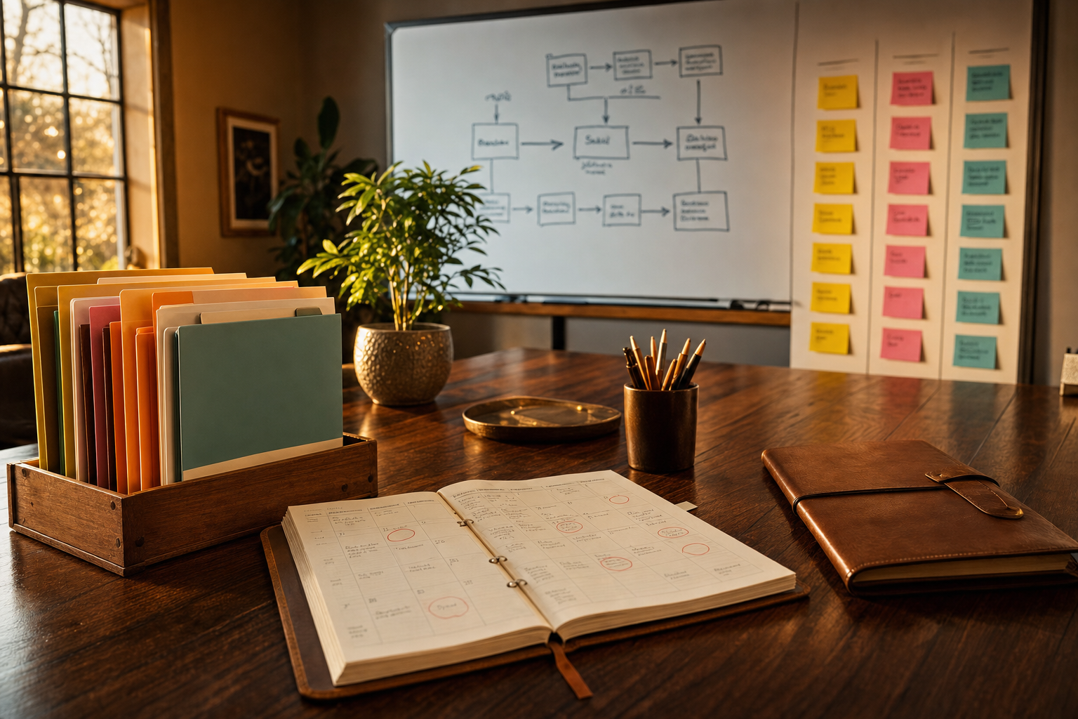 Grok Bot templates shown as color-coded paper role folders and a shared operations planner on a walnut desk in warm light.