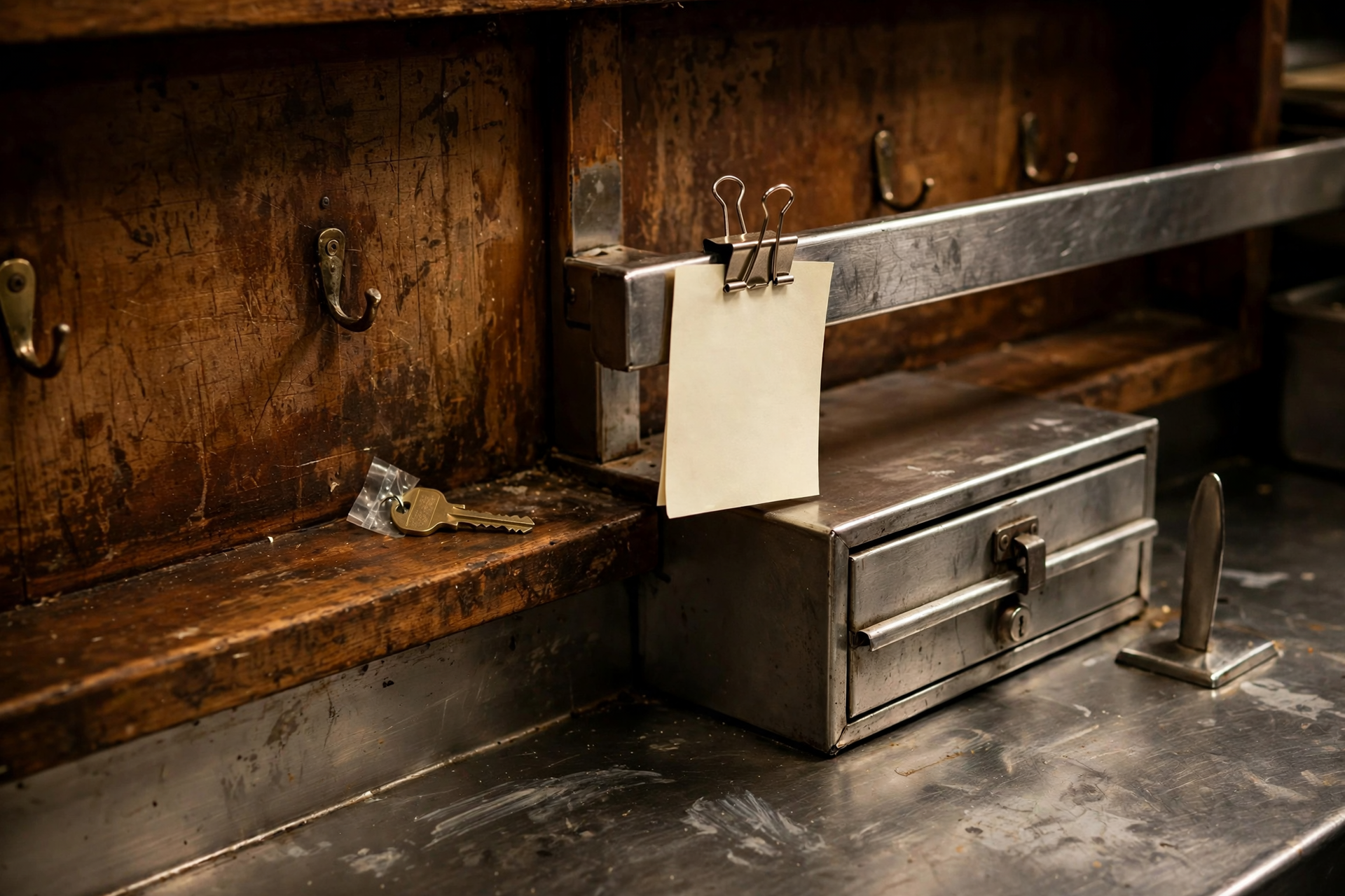 Tungsten light on a restaurant pass with a sealed brass key off the hook, a blank guest ticket on the rail, and a locked cash drawer, for Grok Bot vs Business MCP when owner chat is enough.
