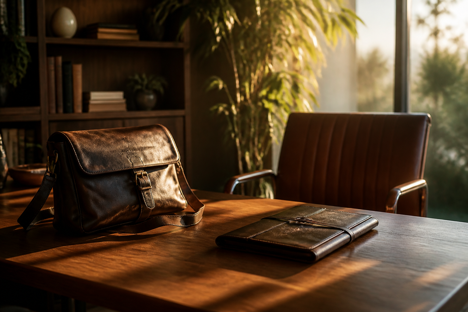 A leather messenger bag beside a closed portfolio and an empty chair on a walnut desk in golden hour light