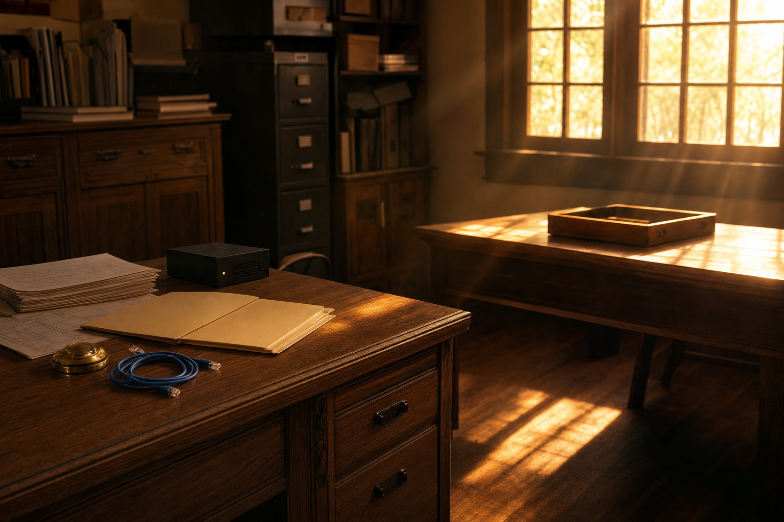 An orderly operations desk with paper workflow maps and a small always-on server brick facing a clear empty desk in warm cinematic light.