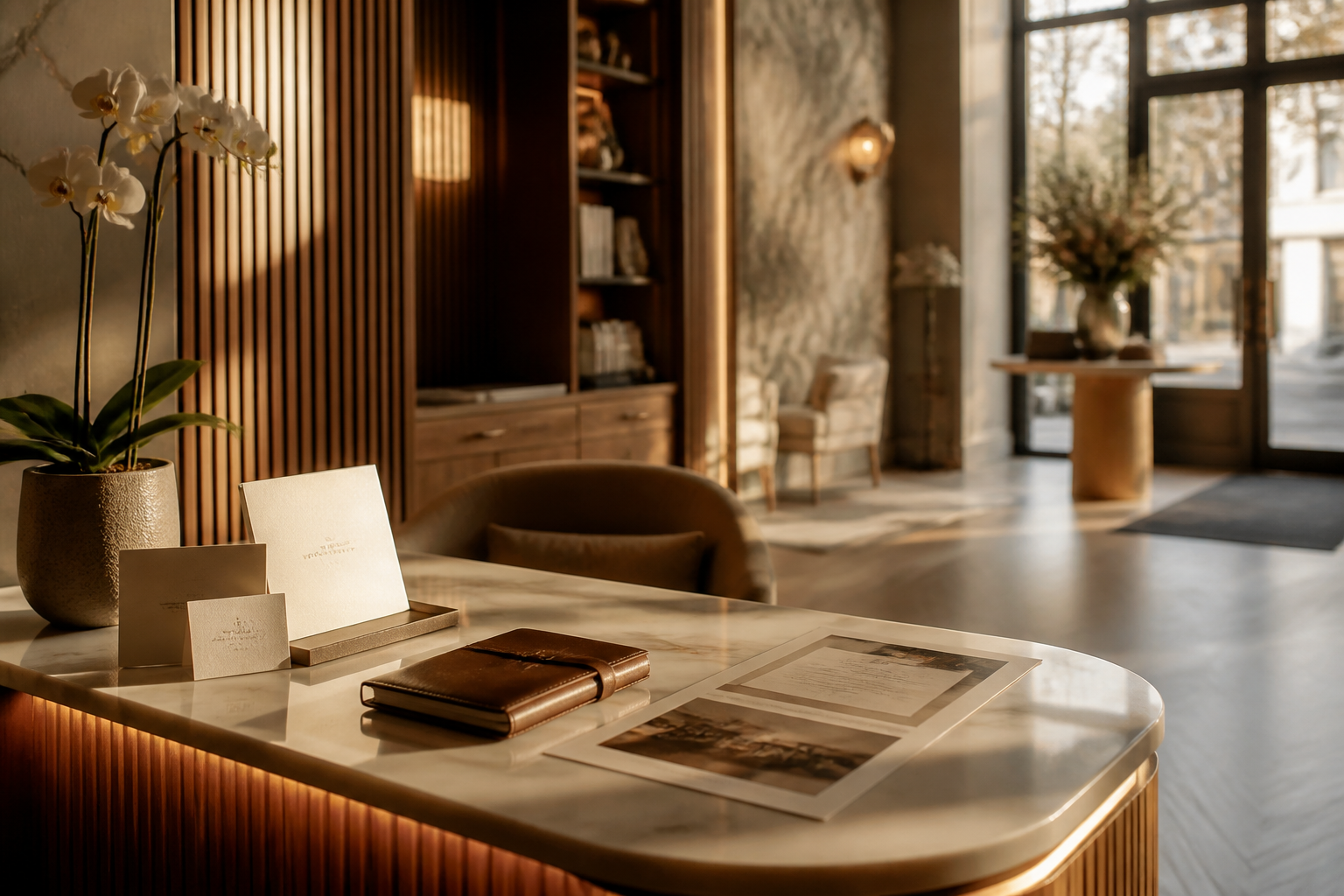 Boutique reception desk with printed brand stationery, appointment book, and orchids in golden hour light