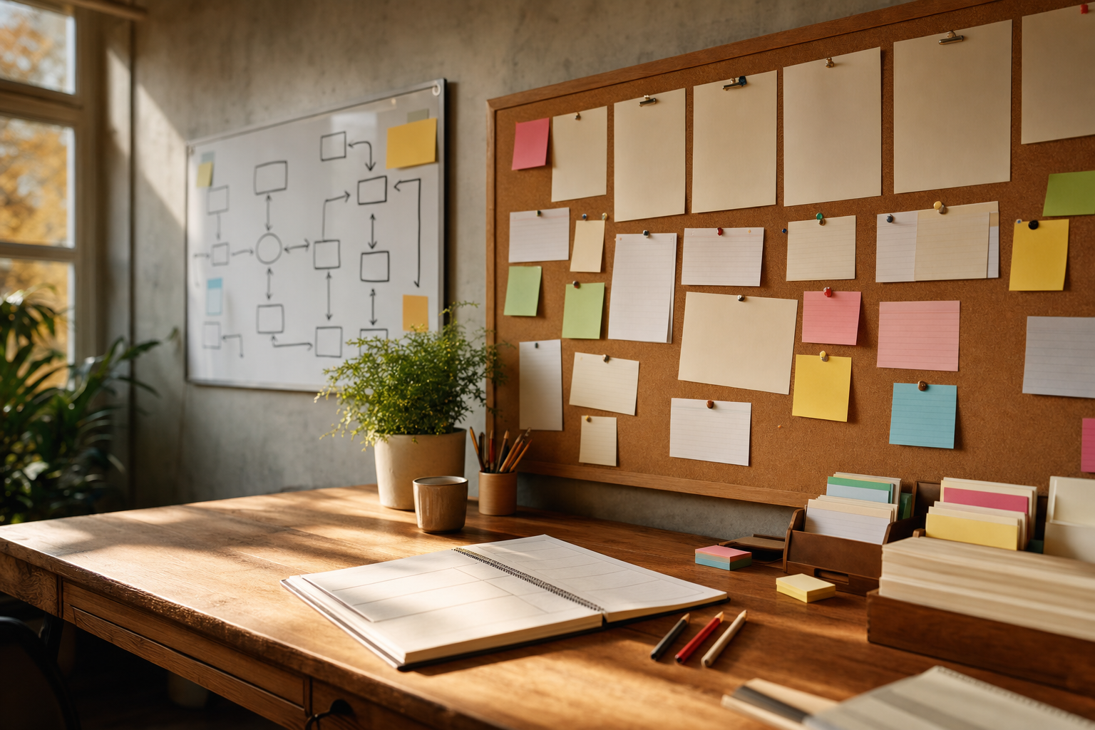 A calm ops desk with a corkboard of paper mention clippings and a handwritten Grok Bot X connector map, no screens.