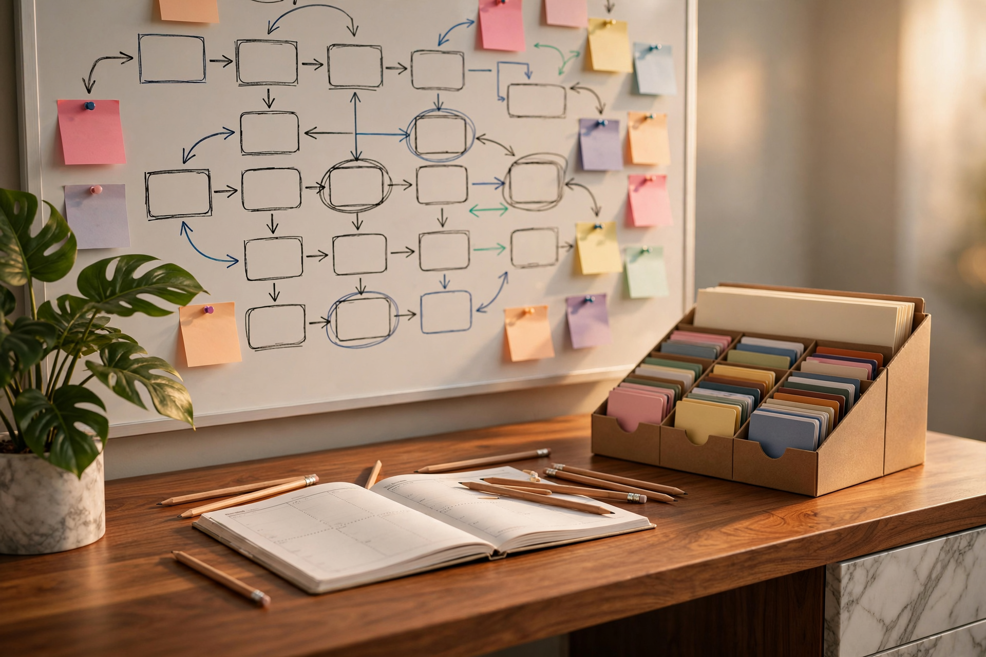 A calm operations desk with a whiteboard workflow map, a paper project planner, and a color-coded client card file representing Grok Build as coding work, not a front desk.