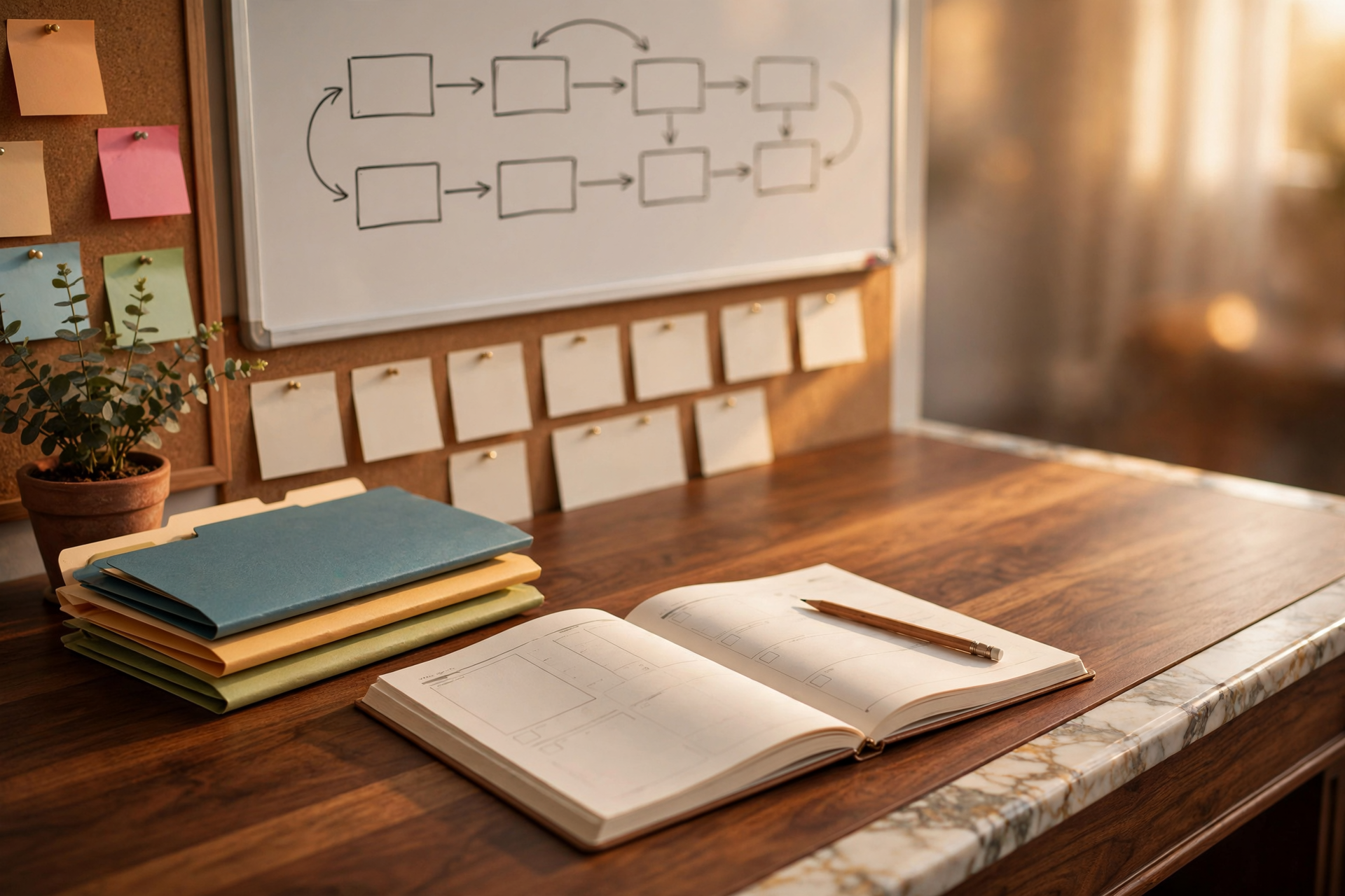 A quiet operations desk with a handwritten Word-Excel-PowerPoint map and a paper planner, standing in for Grok in Microsoft Copilot as a document tool, not a phone agent.