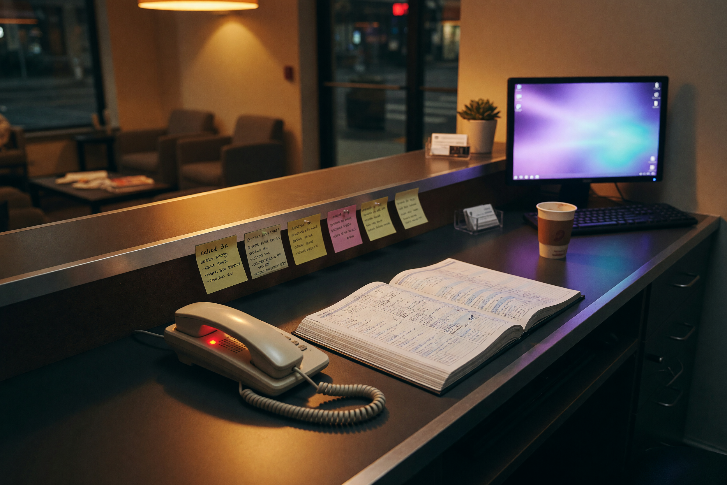Empty small-business reception desk at dusk, phone glowing beside a paper appointment book and missed-call notes, warm amber lobby light with violet ambient glow from a blurred monitor in the background