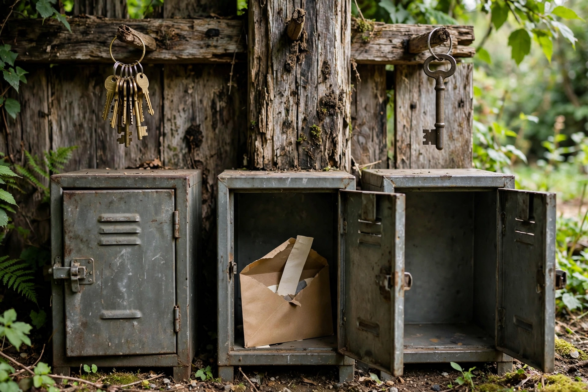 Open shade in an outdoor service yard, with a skeleton key set apart from a brass key ring, a latched locker, and one torn envelope showing a single slip, for Hasura permissions security review cost.
