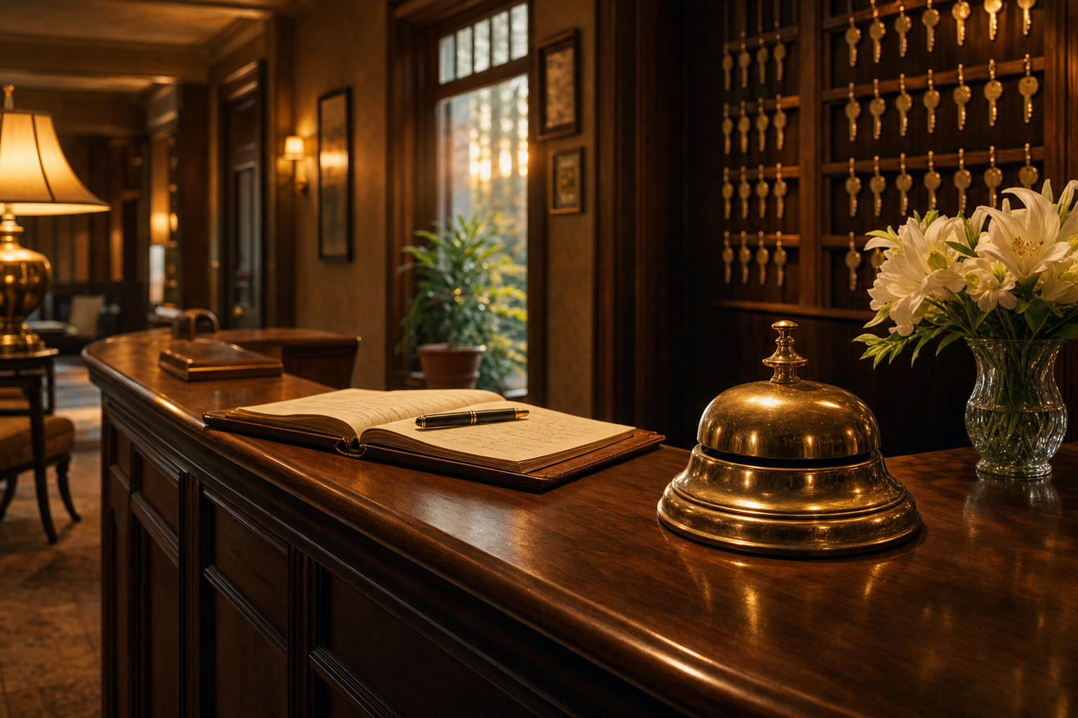 Una recepción serena de hotel independiente durante la hora dorada con una campana de recepción de latón, un libro de reservaciones de papel abierto, llaves de habitaciones en un tablero de madera y flores frescas, luz cálida del lobby, sin personas.