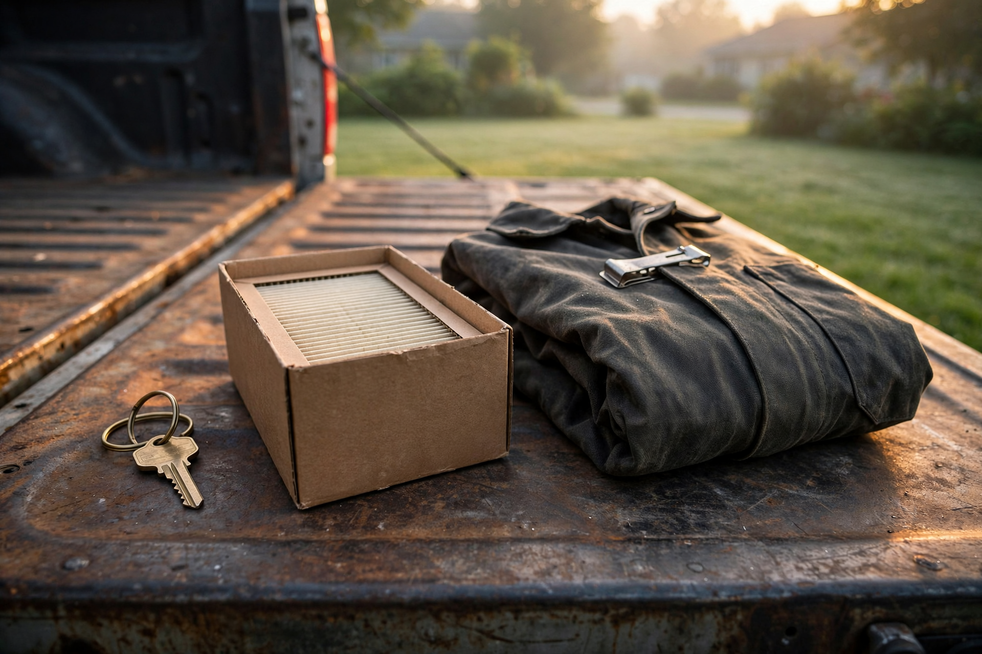 Ámbar del amanecer sobre la compuerta de una camioneta en la obra, con una llave de casa de latón, un filtro de horno en su caja y una orden de trabajo sin llenar, antes de que puedas agendar Housecall Pro desde ChatGPT.