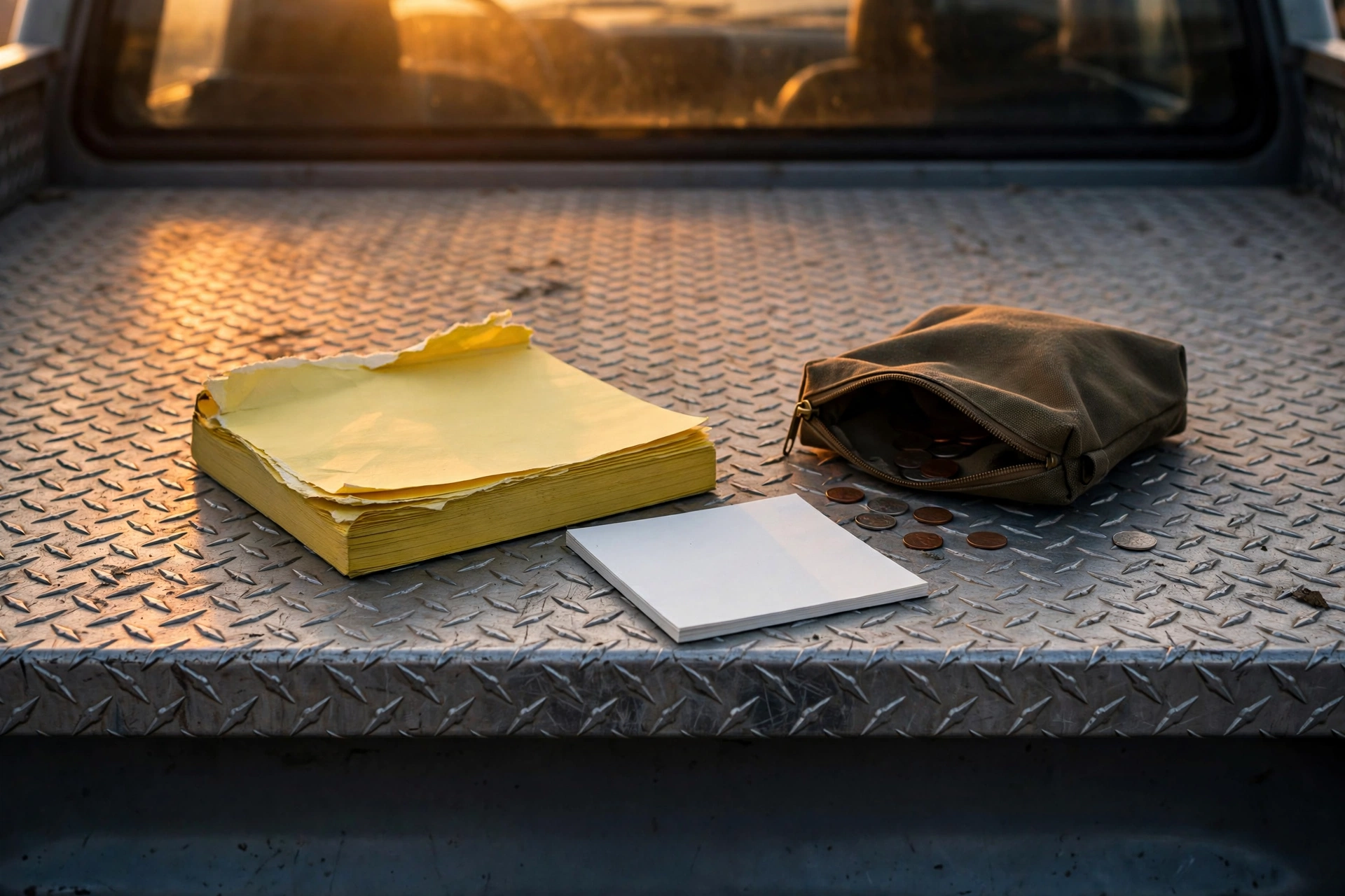 Housecall Pro invoice to QuickBooks on a contractor truck tailgate at dawn, with a torn carbonless work-order pad, a blank duplicate pad, and a zippered cash bag in windshield amber.