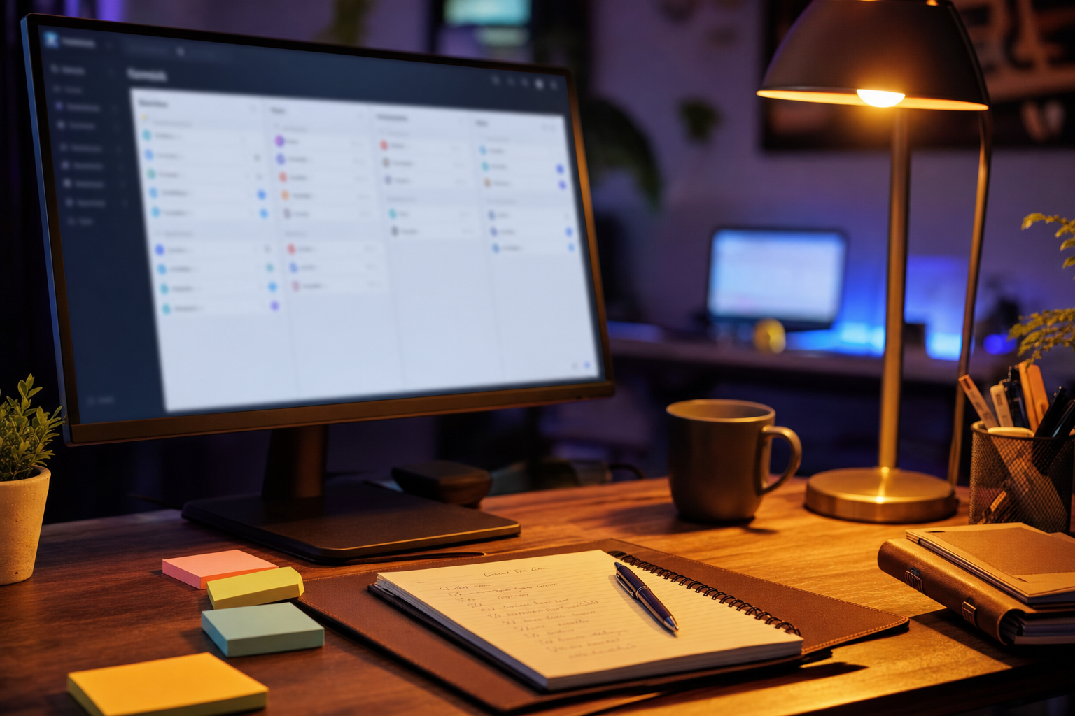 Escritorio de una pequeña empresa con un monitor que muestra un pipeline de CRM difuminado como formas ambientales suaves, notas adhesivas y un bolígrafo cerca, lámpara de escritorio de luz ámbar cálida, sutil resplandor violeta de una pantalla secundaria