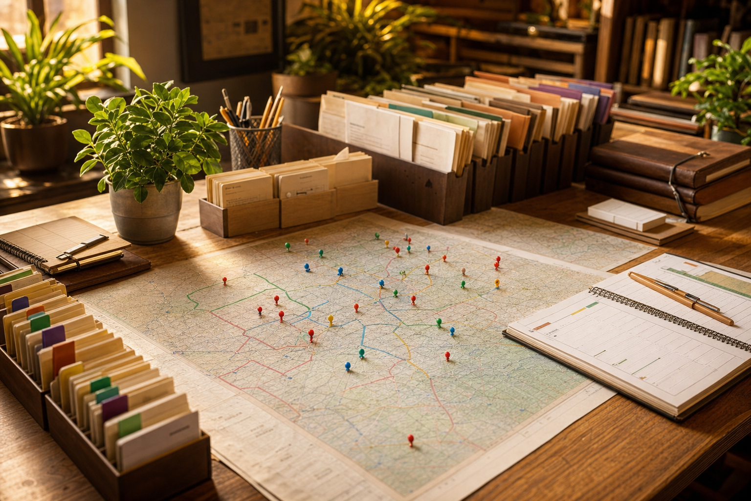 Una vista de mapa de HubSpot representada por tarjetas de contacto organizadas, un mapa territorial en papel, notas de ruta y carpetas de clientes sobre un escritorio operativo con ambiente cálido.