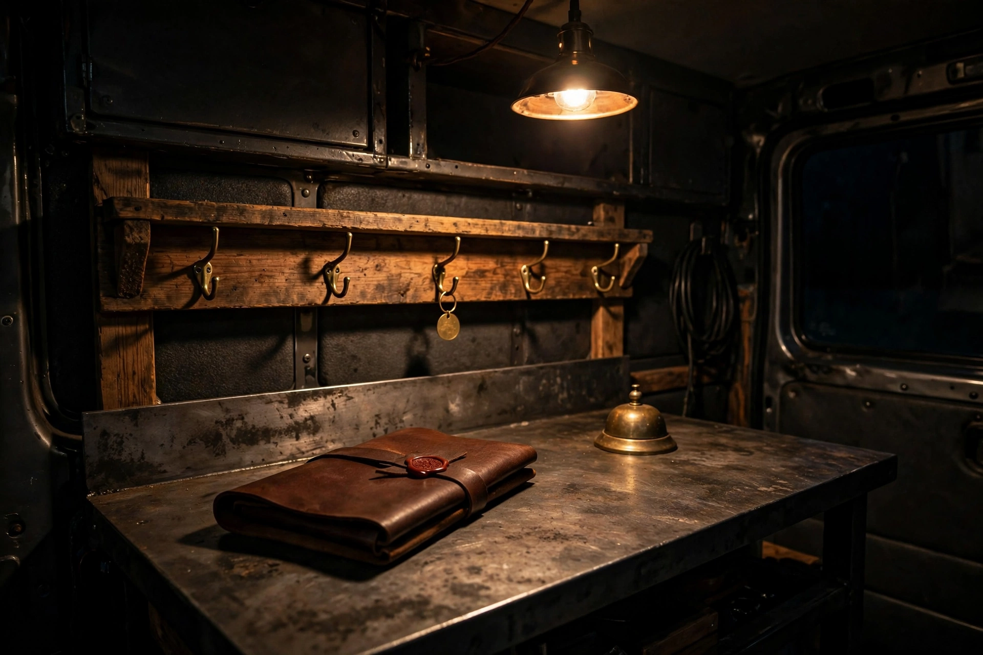 A night workshop bench under one warm pendant, with a brass appointment token on an empty hook rack, a wax-sealed meeting folio, and a shop bell, to book a HubSpot meeting from ChatGPT.