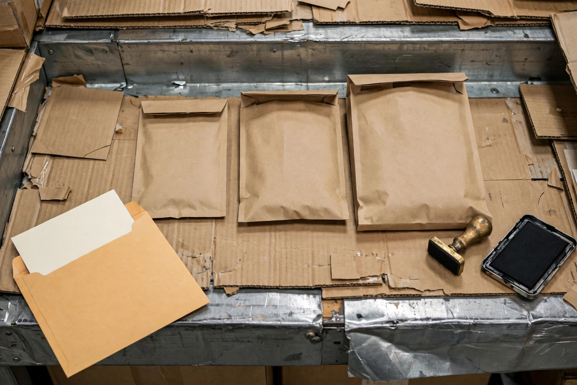 Luz industrial cenital sobre un mostrador de despacho en un almacén: cotizaciones abiertas de HubSpot desde Claude como tres paquetes de papel kraft sin sellar, de distinto grosor, un sello de latón seco junto a una almohadilla de tinta abierta y una tarjeta en blanco a medio sacar de una carpeta manila.