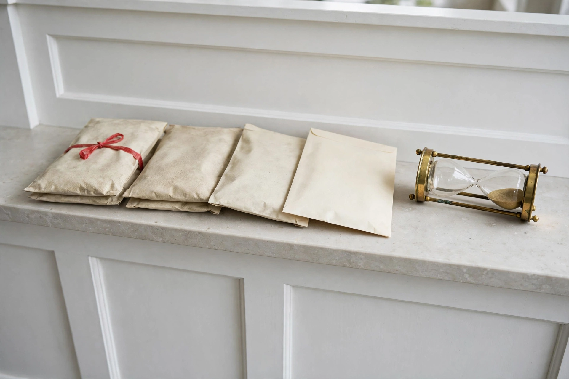 Cool-neutral overcast on a white millwork clinic counter, with dusty cream deal packets, one crisp packet, a tipped brass sand timer, and a red inspection ribbon, for HubSpot stale deals from Grok.